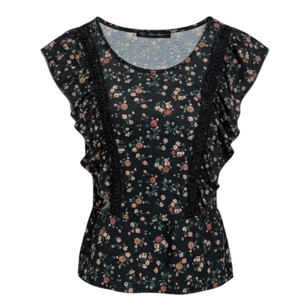 Black Floral Peplum Top Ruffle Sleeve Lace Coquette Cottagecore Blouse Large